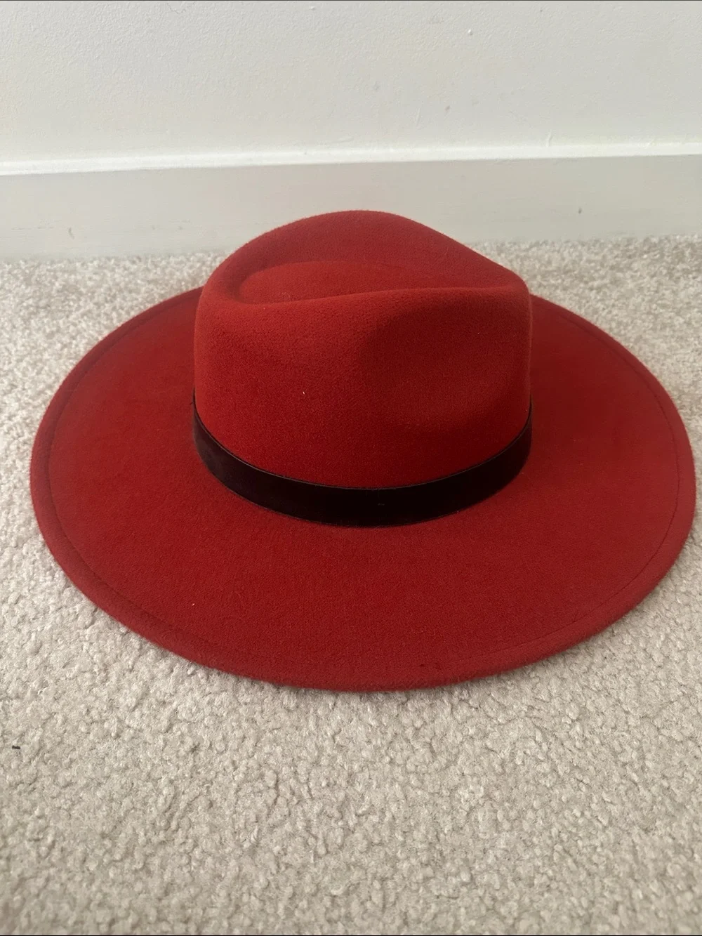 Red Wide Brim Wool Fedora Hat with Leather Band